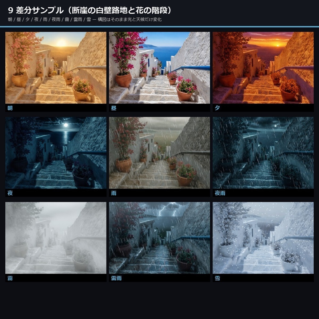 【TTRPG】地中海コースタルタウン 背景素材集 50シーン×9差分 450枚【商用利用可・ccfolia・霧・AI生成】