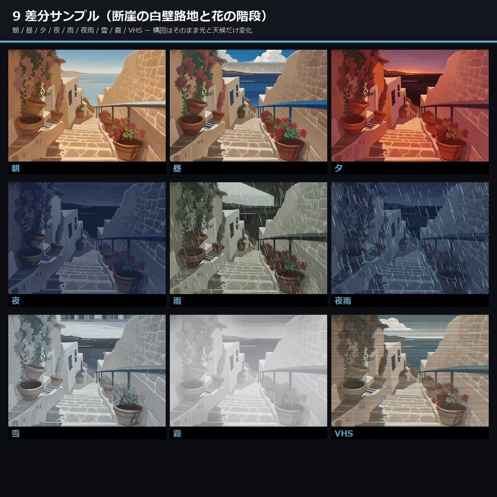 【TTRPG】地中海コースタルタウン 背景 アニメ版 50×9差分450枚【 商用利用可・ VN ・ccfolia・ AI生成】