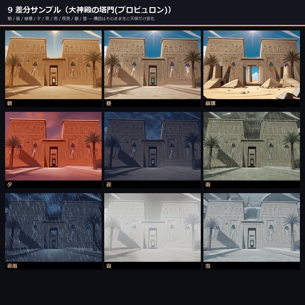 【TTRPG】古代エジプト・古代文明 背景素材集 アニメ版 50シーン×9差分 450枚【商用利用可・ccfolia・AI生成】