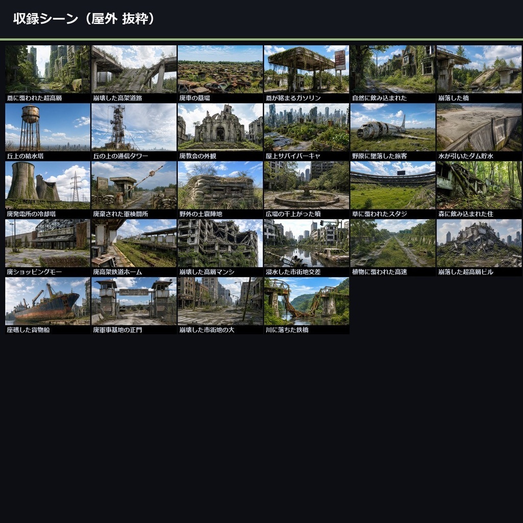 【TTRPG】ポストアポカリプス・終末世界 背景素材集 50シーン×9差分 450枚【商用利用可・ccfolia・AI生成】