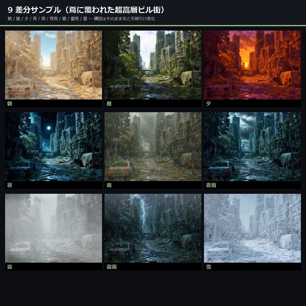 【TTRPG】ポストアポカリプス・終末世界 背景素材集 50シーン×9差分 450枚【商用利用可・ccfolia・AI生成】