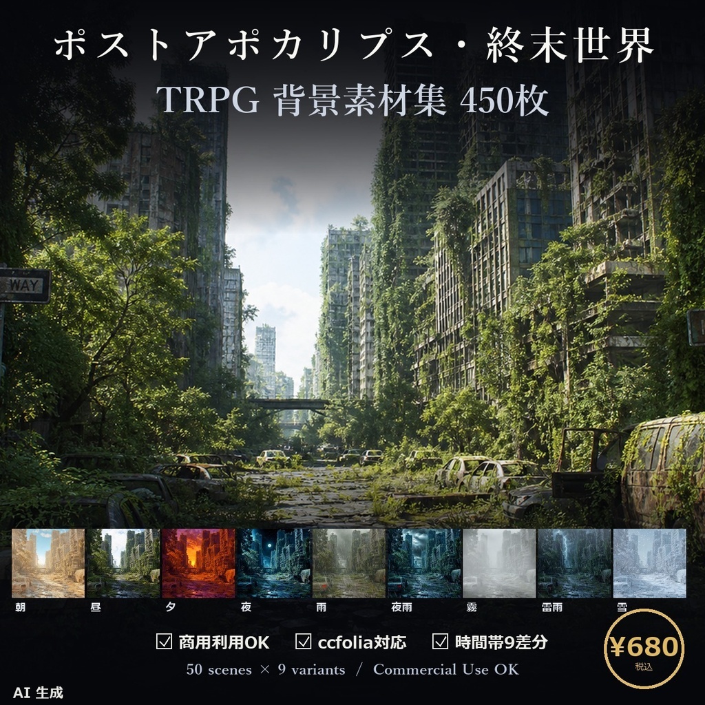 【TTRPG】ポストアポカリプス・終末世界 背景素材集 50シーン×9差分 450枚【商用利用可・ccfolia・AI生成】