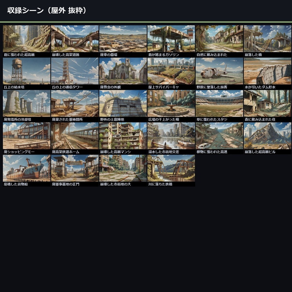 【TTRPG】ポストアポカリプス・終末世界 背景素材集 アニメ版 50シーン×9差分 450枚【商用利用可・ccfolia・AI生成】