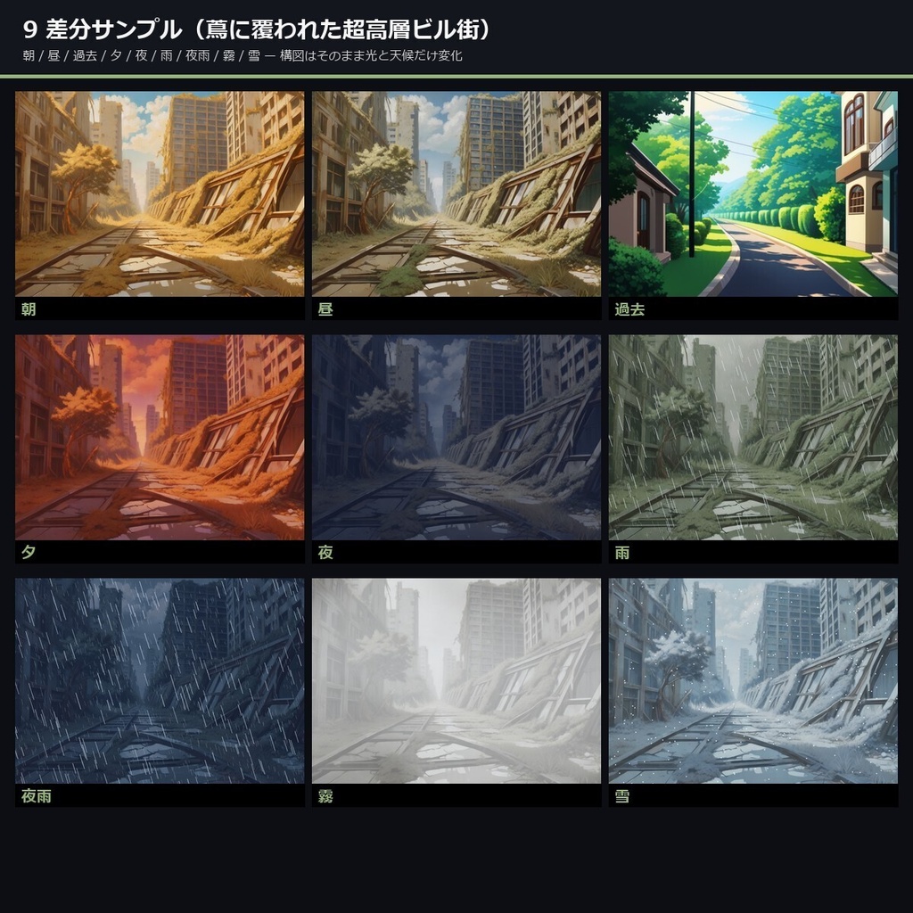 【TTRPG】ポストアポカリプス・終末世界 背景素材集 アニメ版 50シーン×9差分 450枚【商用利用可・ccfolia・AI生成】