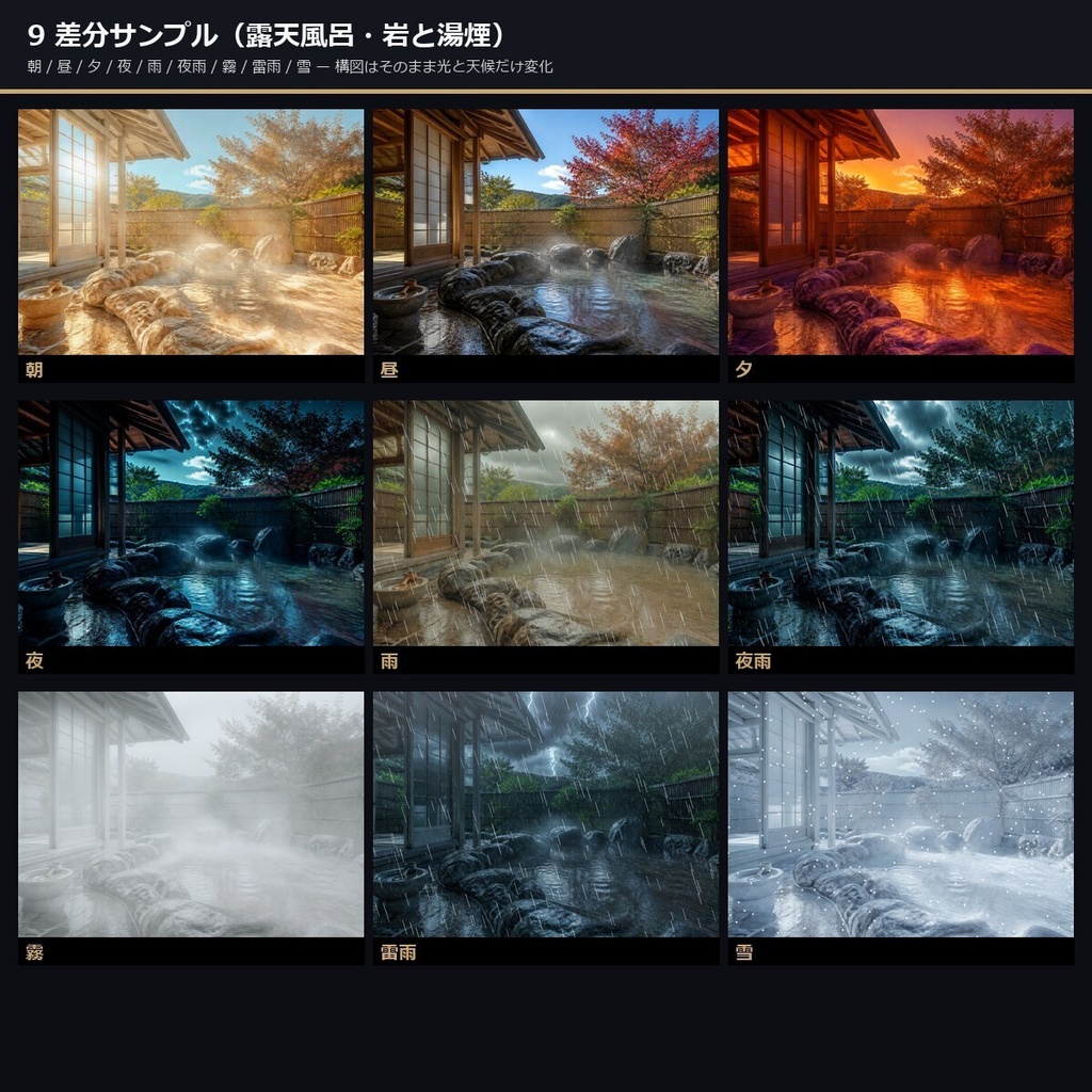 【TTRPG】温泉旅館・古民家 背景素材集 50シーン×9差分 450枚【商用利用可・ccfolia・AI生成】