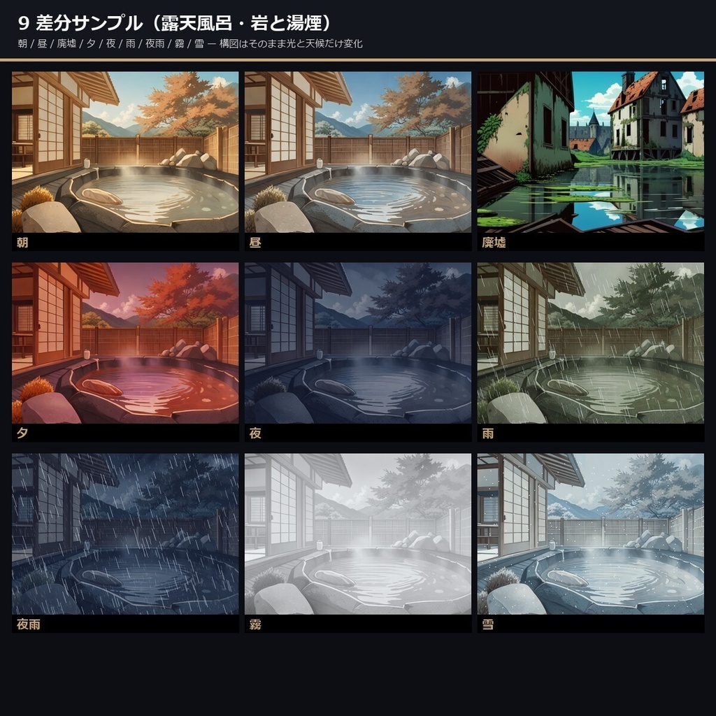 【TTRPG】温泉旅館・古民家 背景素材集 アニメ版 50シーン×9差分 450枚【商用利用可・ccfolia・AI生成】