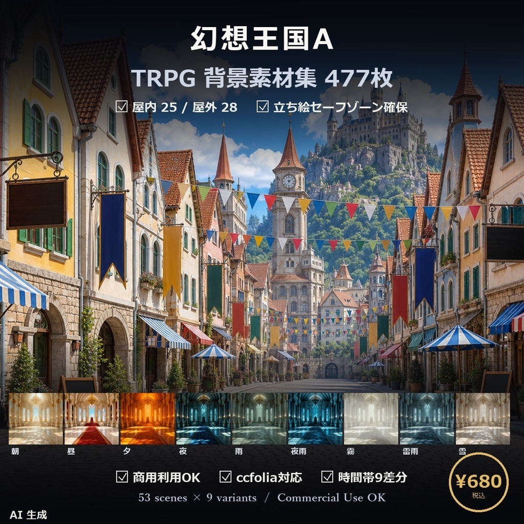 【TTRPG】幻想王国 実写風背景素材集A 53シーン×9差分 477枚【商用利用可・ccfolia・AI生成】