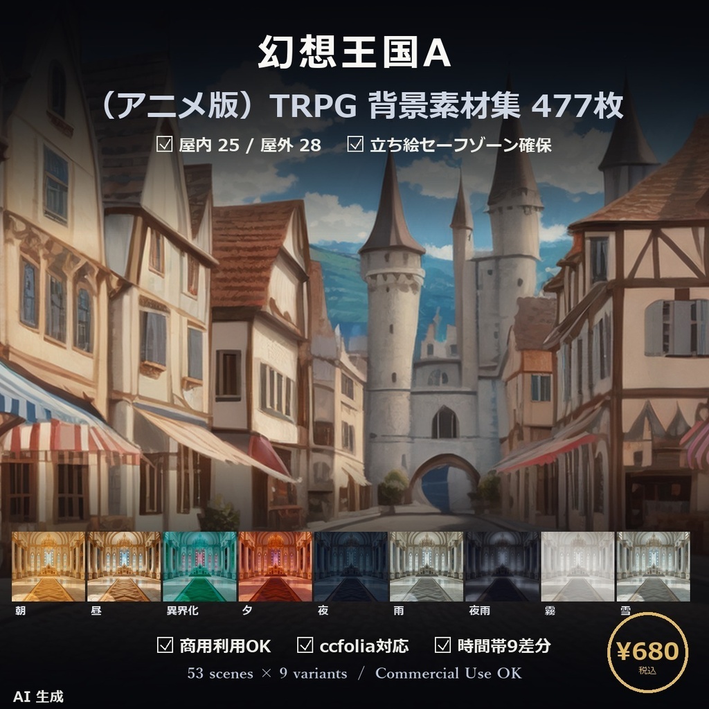 【TTRPG】TTRPG幻想王国 アニメ背景素材集A 53シーン×9差分 477枚【商用利用可・ccfolia・AI生成】