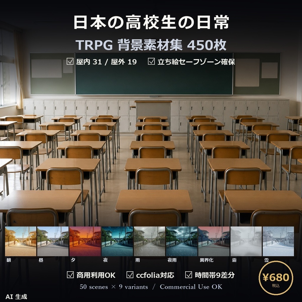 【TTRPG】日本の高校生の日常 背景素材集 実写版 50シーン×9差分 450枚【商用利用可・ccfolia・AI生成】