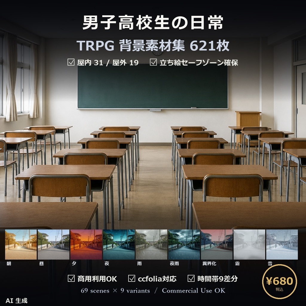 【【TTRPG】男子高校生の日常 背景素材集 実写版 69シーン×9差分 621枚【商用利用可・ccfolia・AI生成】