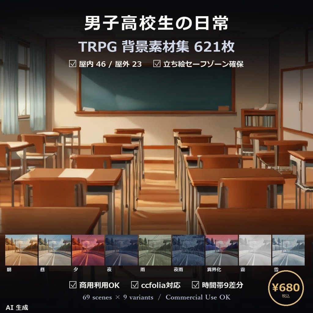 【TTRPG】男子高校生の日常 背景素材集 アニメ版 69シーン×9差分 621枚【商用利用可・ccfolia・AI生成】