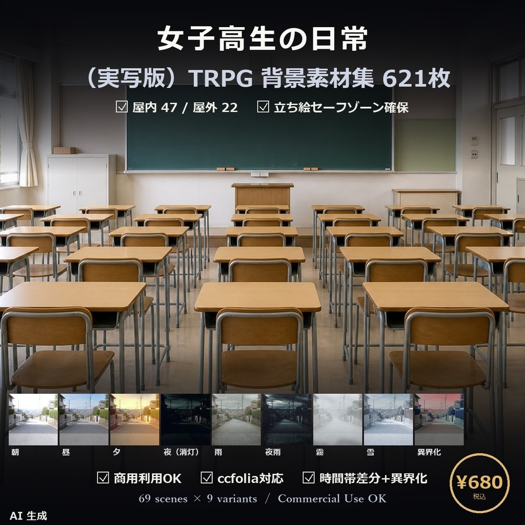 【TTRPG】女子高生の日常 背景素材集 実写版 69シーン×9差分 621枚【商用利用可・ccfolia・AI生成】