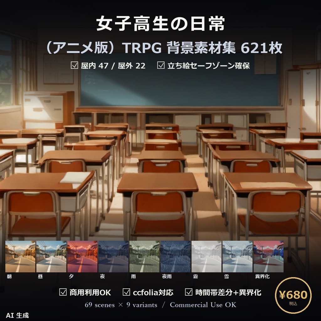 【TTRPG】女子高生の日常 背景素材集 アニメ版 69シーン×9差分 621枚【商用利用可・ccfolia・AI生成】