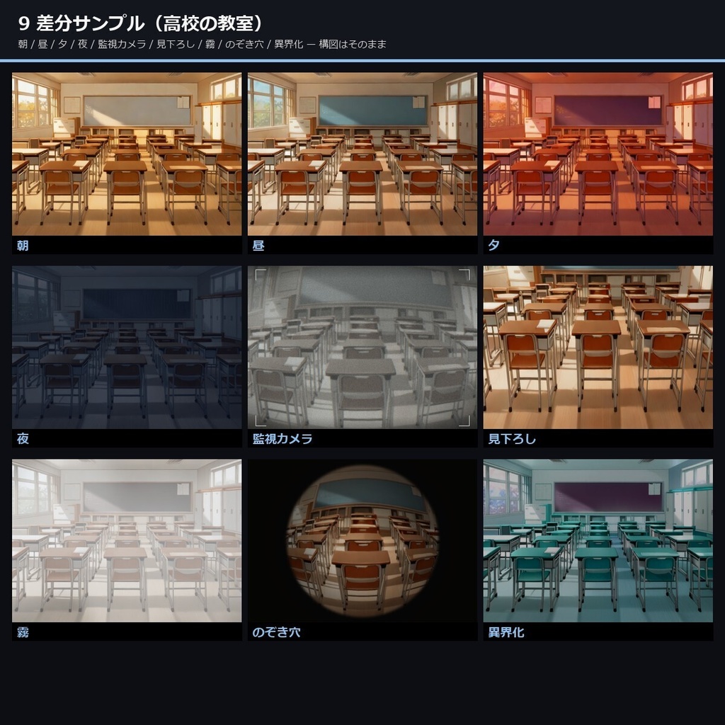 【TTRPG】女子高生の日常 背景素材集 アニメ版 69シーン×9差分 621枚【商用利用可・ccfolia・AI生成】