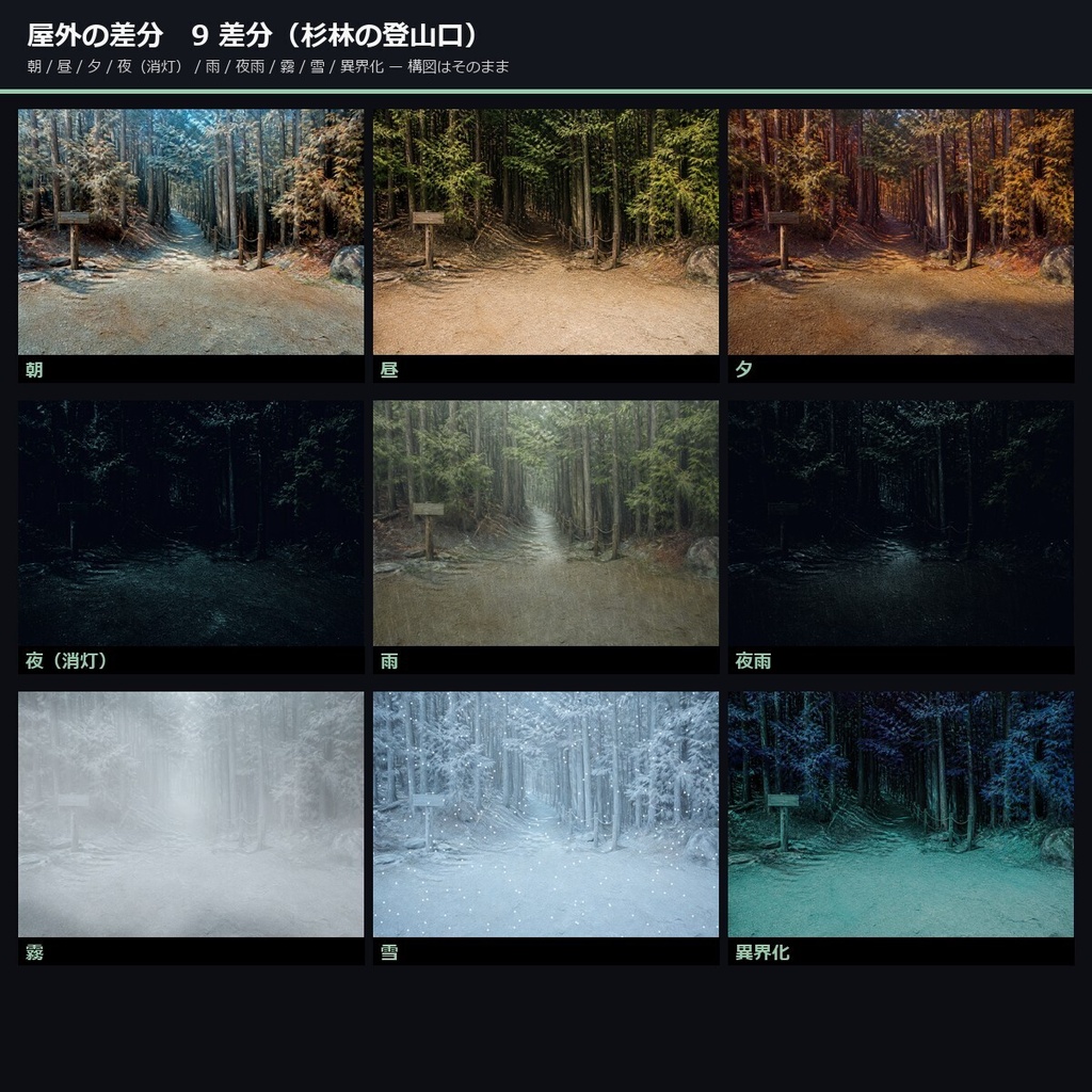 【TTRPG】山岳・キャンプ・洞窟 背景素材集 実写版 50シーン×9差分 450枚【商用利用可・ccfolia・AI生成】