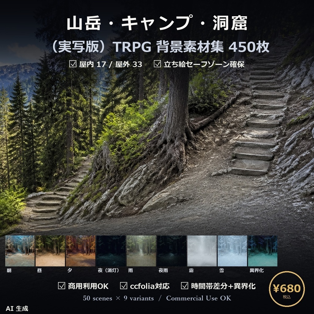 【TTRPG】山岳・キャンプ・洞窟 背景素材集 実写版 50シーン×9差分 450枚【商用利用可・ccfolia・AI生成】