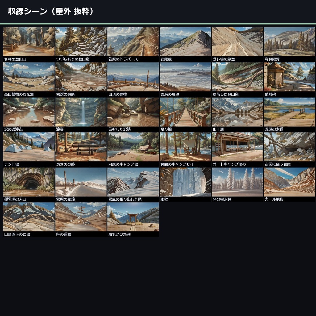 【TTRPG】山岳・キャンプ・洞窟 背景素材集 アニメ版 50シーン×9差分 450枚【商用利用可・ccfolia・AI生成】