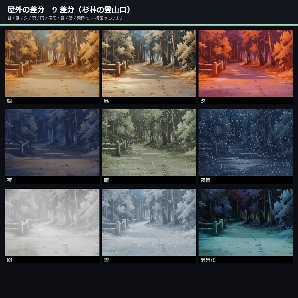 【TTRPG】山岳・キャンプ・洞窟 背景素材集 アニメ版 50シーン×9差分 450枚【商用利用可・ccfolia・AI生成】