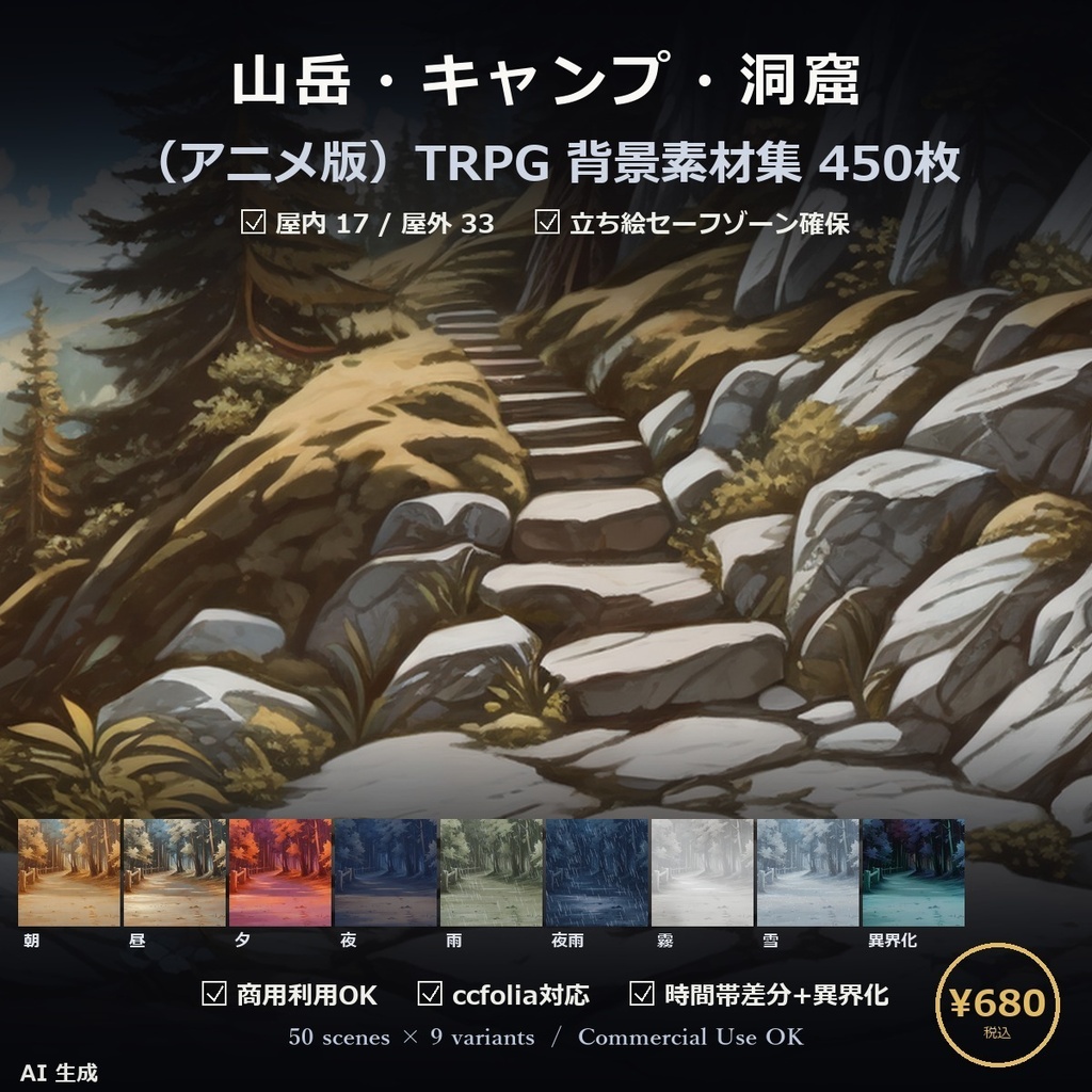 【TTRPG】山岳・キャンプ・洞窟 背景素材集 アニメ版 50シーン×9差分 450枚【商用利用可・ccfolia・AI生成】