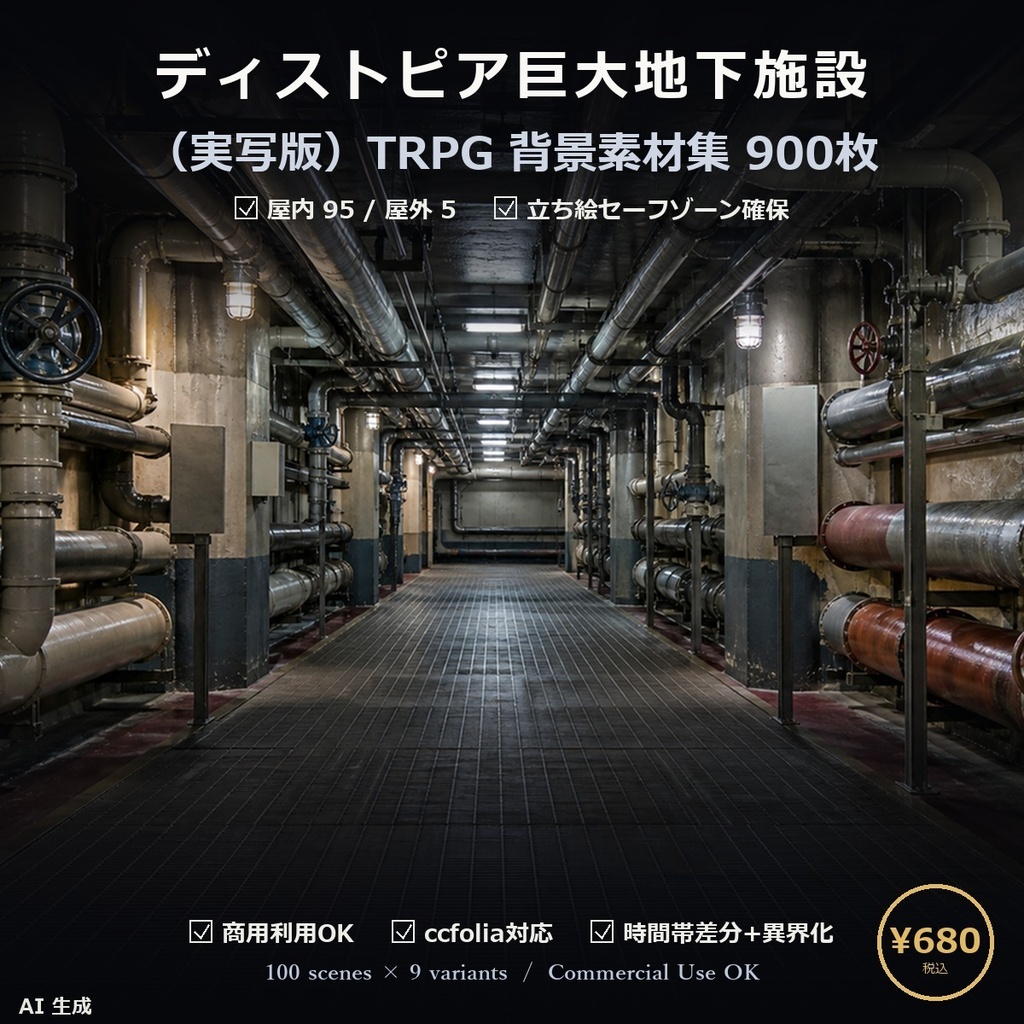 【TTRPG】ディストピア巨大地下施設 背景素材集 実写版 100シーン×9差分 900枚【商用利用可・ccfolia・AI生成】