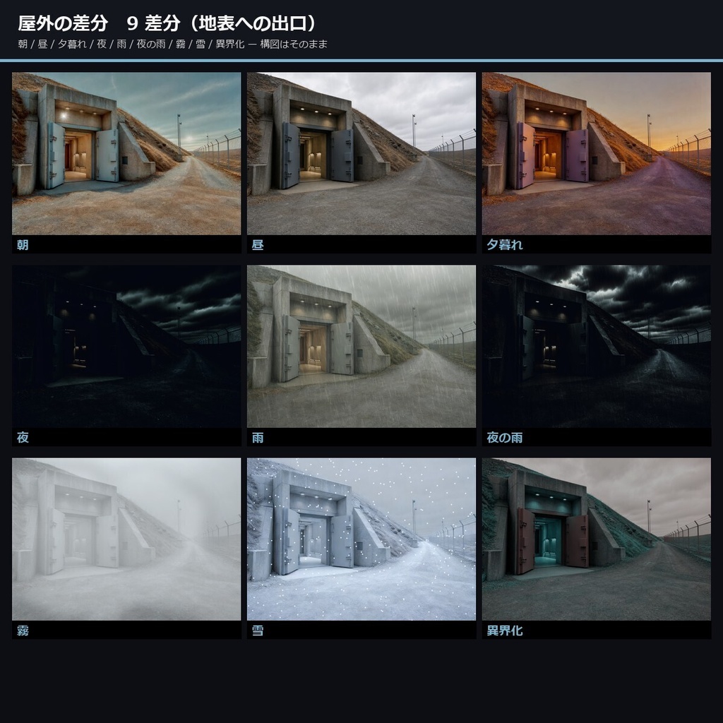 【TTRPG】ディストピア巨大地下施設 背景素材集 実写版 100シーン×9差分 900枚【商用利用可・ccfolia・AI生成】