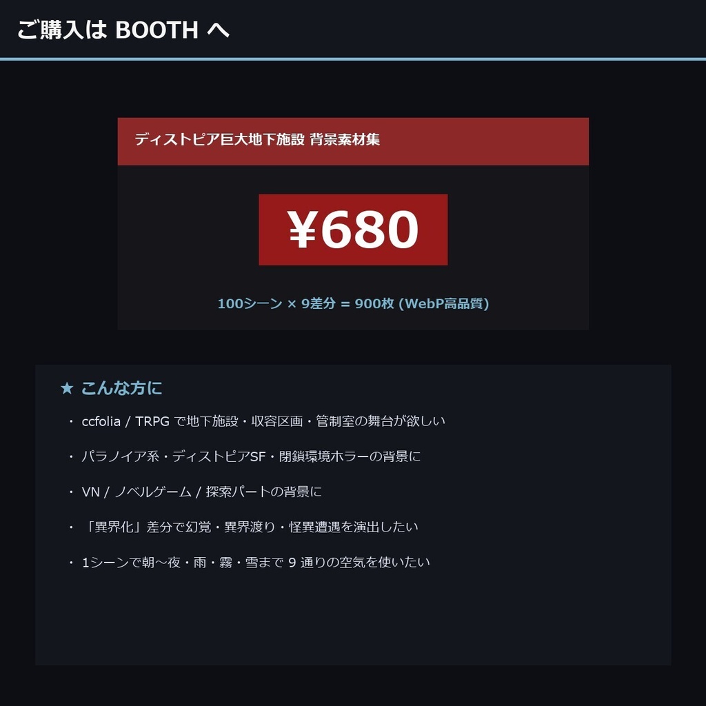【TTRPG】ディストピア巨大地下施設 背景素材集 実写版 100シーン×9差分 900枚【商用利用可・ccfolia・AI生成】