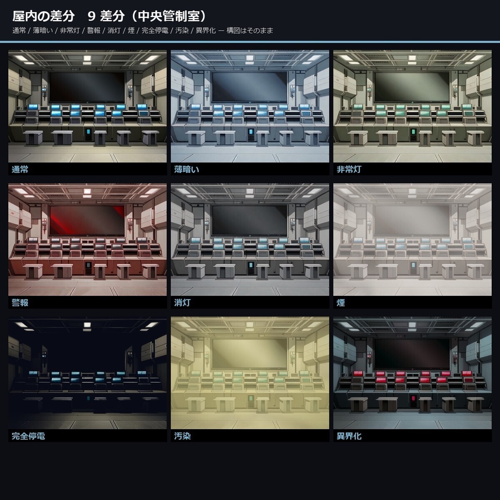 【TTRPG】ディストピア巨大地下施設 背景素材集 アニメ版 100シーン×9差分 900枚【商用利用可・ccfolia・AI生成】