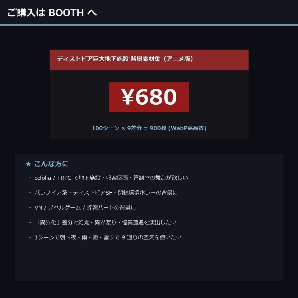 【TTRPG】ディストピア巨大地下施設 背景素材集 アニメ版 100シーン×9差分 900枚【商用利用可・ccfolia・AI生成】