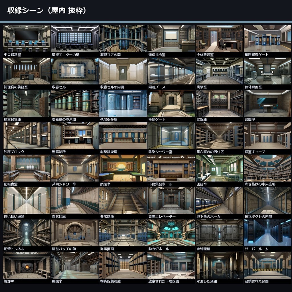 【TTRPG】ディストピア巨大地下施設 背景素材集 アニメ版 100シーン×9差分 900枚【商用利用可・ccfolia・AI生成】