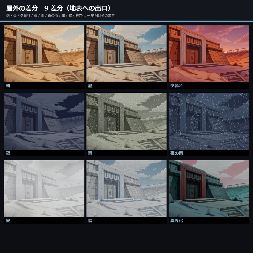 【TTRPG】ディストピア巨大地下施設 背景素材集 アニメ版 100シーン×9差分 900枚【商用利用可・ccfolia・AI生成】