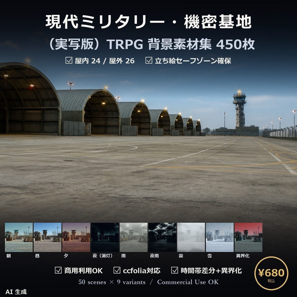 【TTRPG】現代ミリタリー・機密基地 背景素材集 実写版 50シーン×9差分 450枚【商用利用可・ccfolia・AI生成】