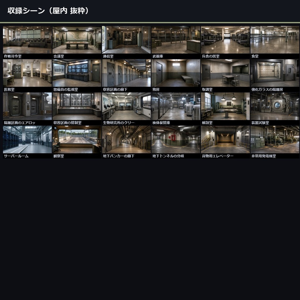 【TTRPG】現代ミリタリー・機密基地 背景素材集 実写版 50シーン×9差分 450枚【商用利用可・ccfolia・AI生成】