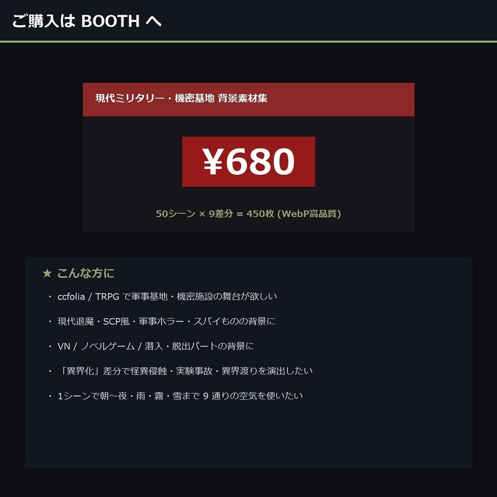 【TTRPG】現代ミリタリー・機密基地 背景素材集 実写版 50シーン×9差分 450枚【商用利用可・ccfolia・AI生成】