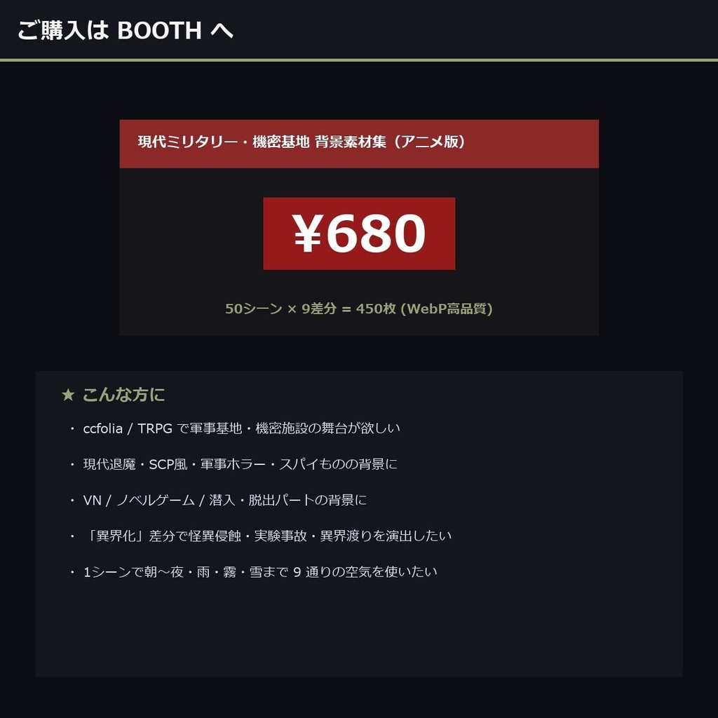 【TTRPG】現代ミリタリー・機密基地 背景素材集 アニメ版 50シーン×9差分 450枚【商用利用可・ccfolia・AI生成】