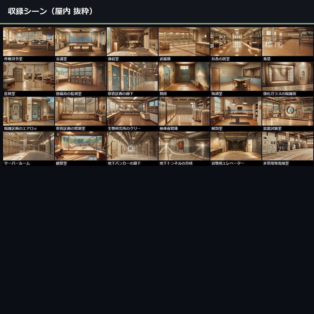 【TTRPG】現代ミリタリー・機密基地 背景素材集 アニメ版 50シーン×9差分 450枚【商用利用可・ccfolia・AI生成】