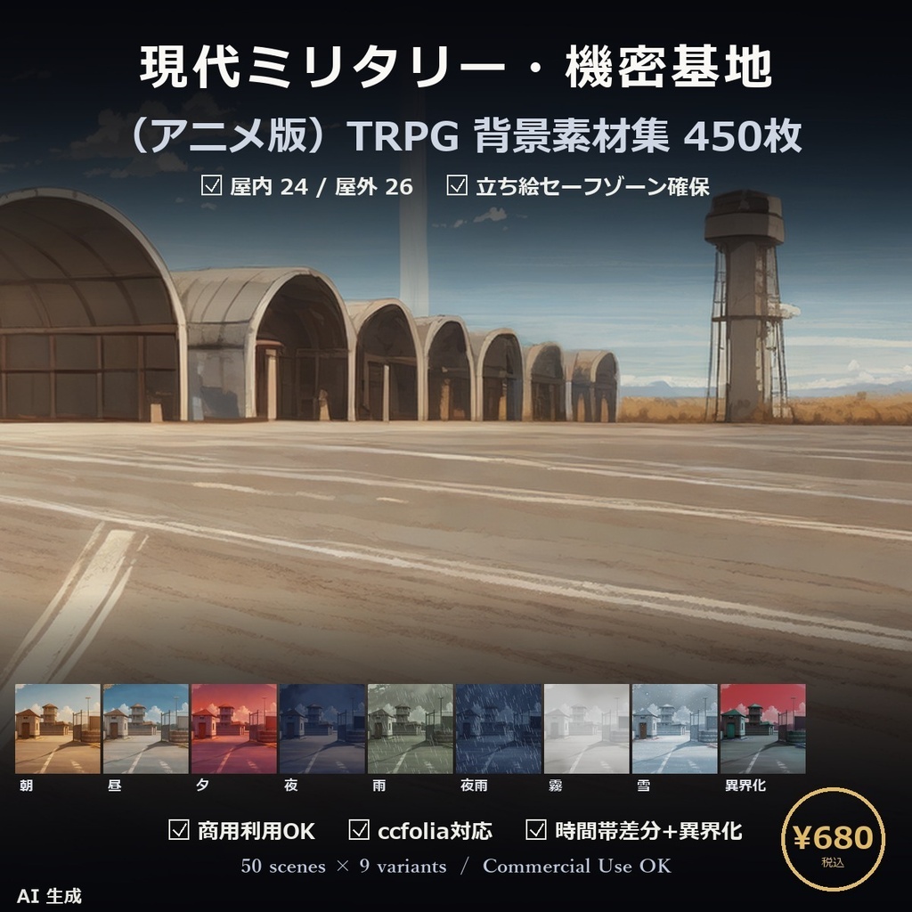 【TTRPG】現代ミリタリー・機密基地 背景素材集 アニメ版 50シーン×9差分 450枚【商用利用可・ccfolia・AI生成】