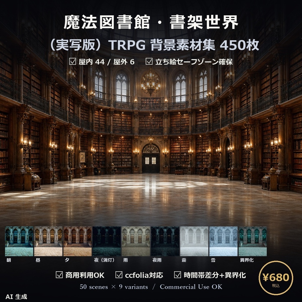 【TTRPG】魔法図書館・書架世界 背景素材集 実写版 50シーン×9差分 450枚【商用利用可・ccfolia・AI生成】