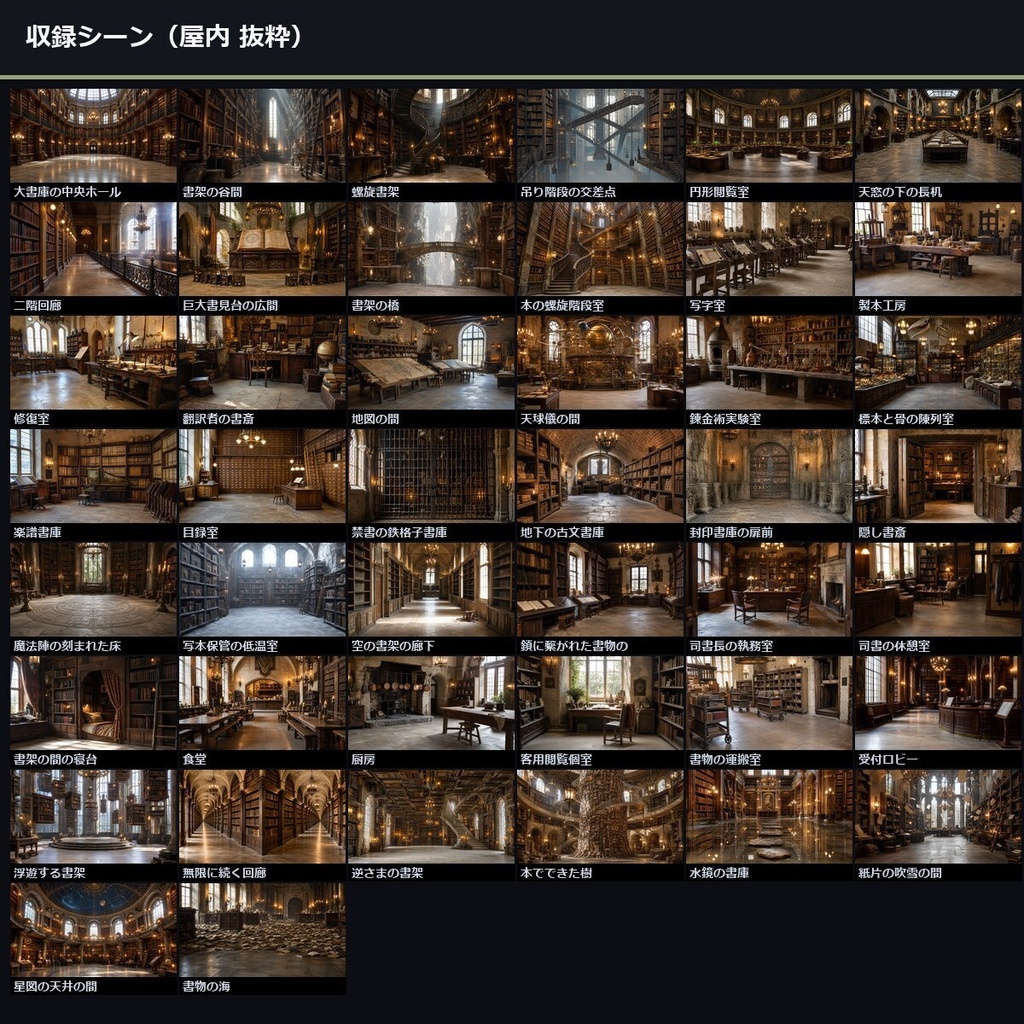 【TTRPG】魔法図書館・書架世界 背景素材集 実写版 50シーン×9差分 450枚【商用利用可・ccfolia・AI生成】