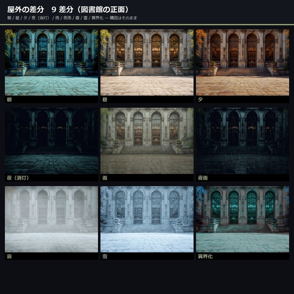【TTRPG】魔法図書館・書架世界 背景素材集 実写版 50シーン×9差分 450枚【商用利用可・ccfolia・AI生成】