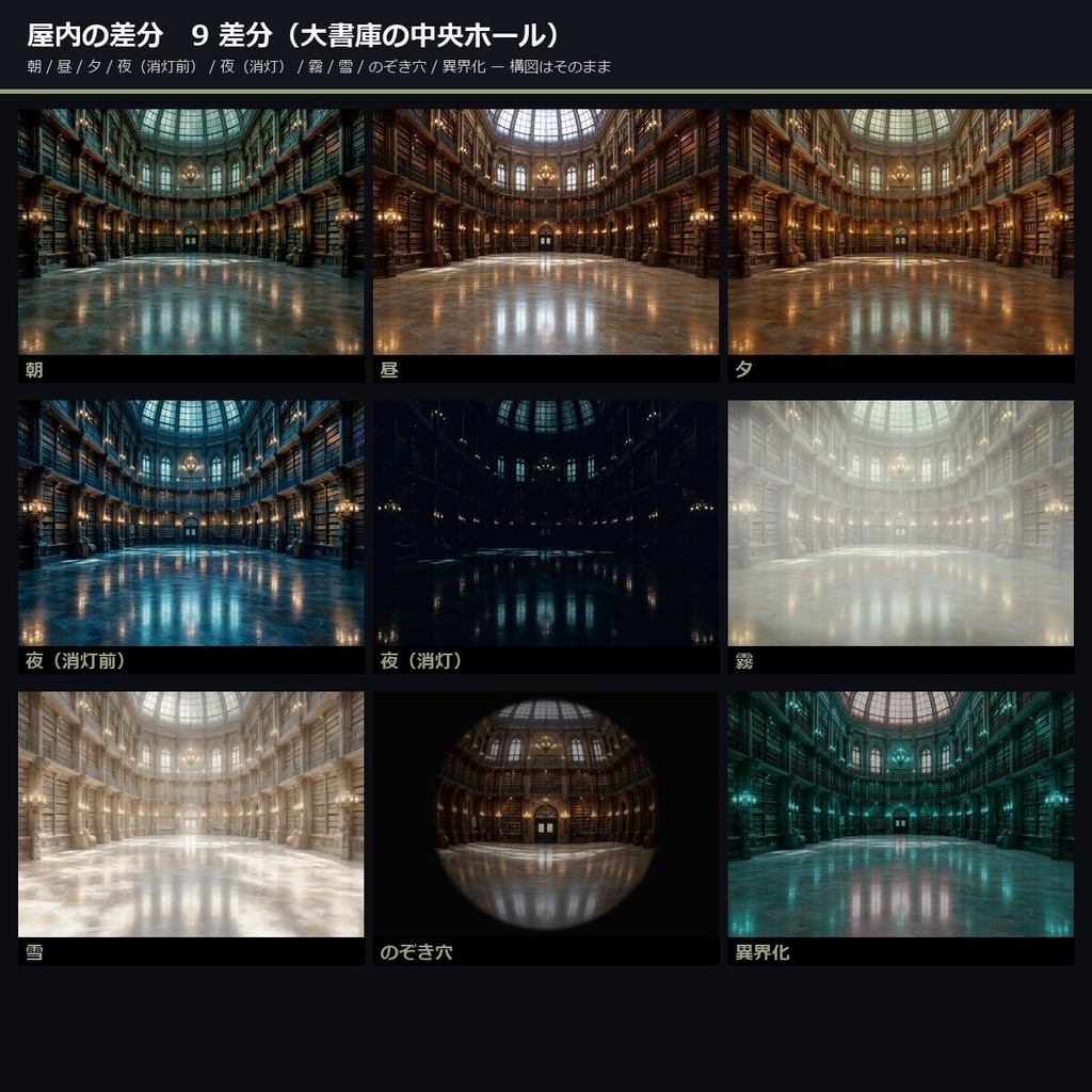 【TTRPG】魔法図書館・書架世界 背景素材集 実写版 50シーン×9差分 450枚【商用利用可・ccfolia・AI生成】