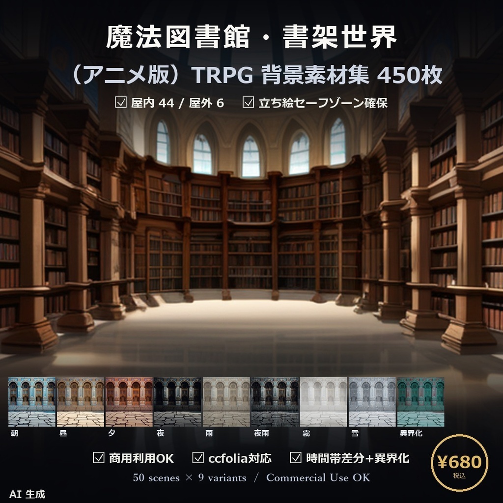 【TTRPG】魔法図書館・書架世界 背景素材集 アニメ版 50シーン×9差分 450枚【商用利用可・ccfolia・AI生成】