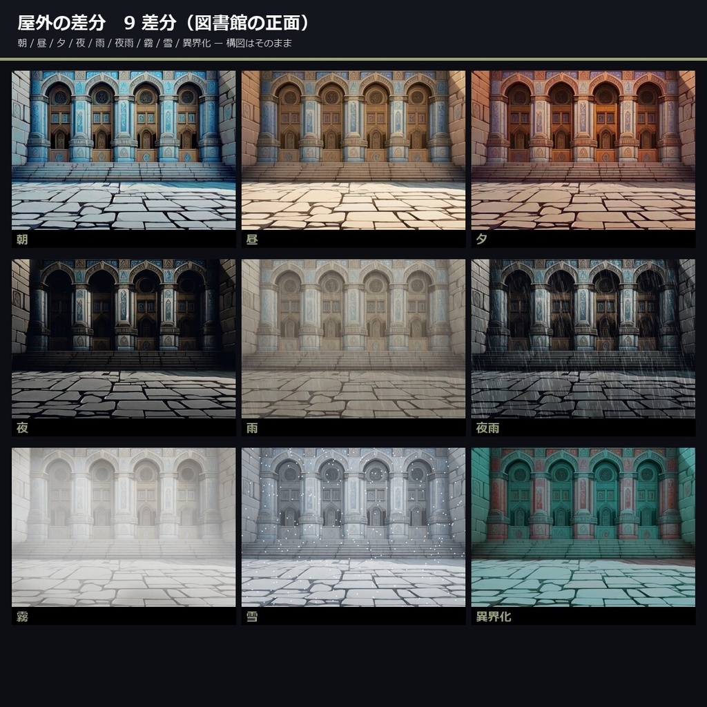 【TTRPG】魔法図書館・書架世界 背景素材集 アニメ版 50シーン×9差分 450枚【商用利用可・ccfolia・AI生成】