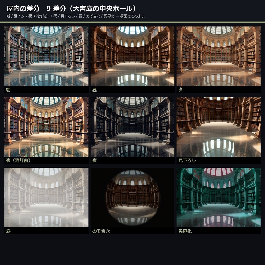 【TTRPG】魔法図書館・書架世界 背景素材集 アニメ版 50シーン×9差分 450枚【商用利用可・ccfolia・AI生成】
