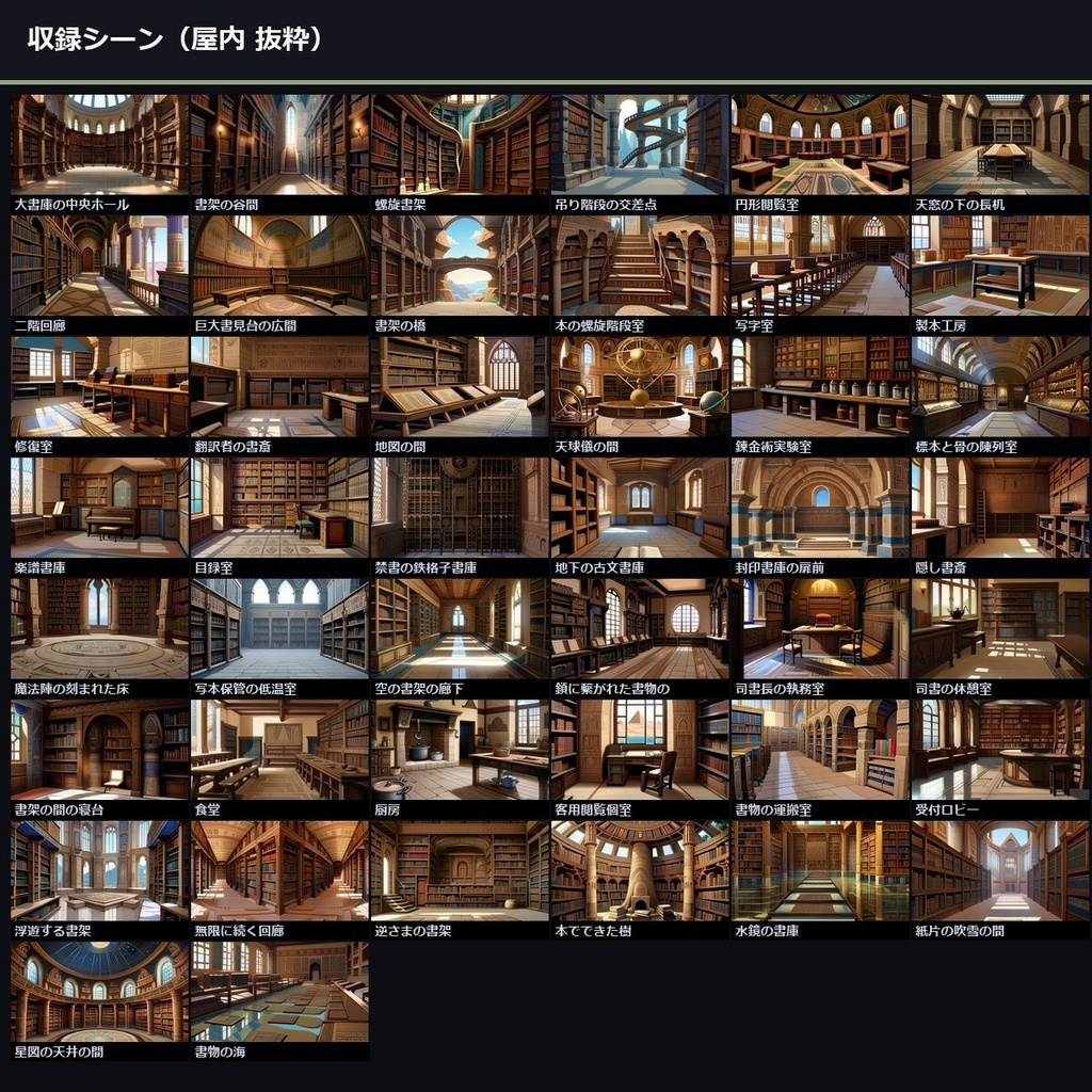 【TTRPG】魔法図書館・書架世界 背景素材集 アニメ版 50シーン×9差分 450枚【商用利用可・ccfolia・AI生成】