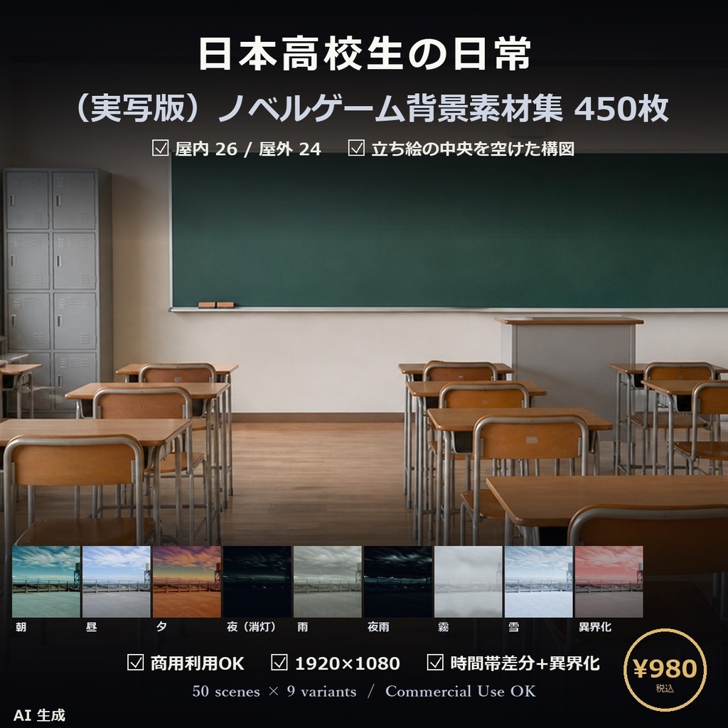 【ノベルゲーム背景】現代日本高校生の日常 背景素材集 実写版 50シーン×9差分 450枚【VN・商用利用可・AI生成】