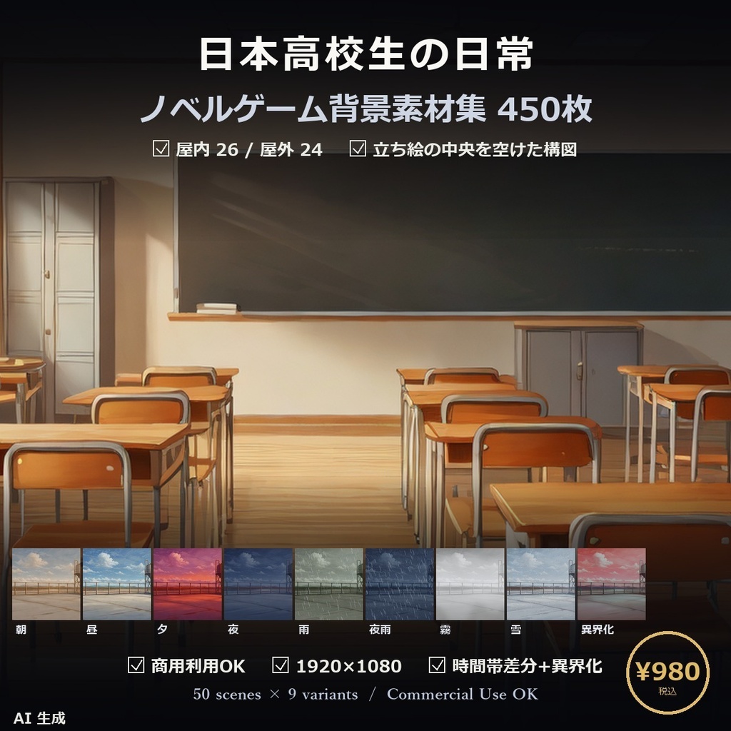 【ノベルゲーム背景】日本高校生の日常 背景素材集 アニメ版 50シーン×9差分 450枚【VN・商用利用可・AI生成】