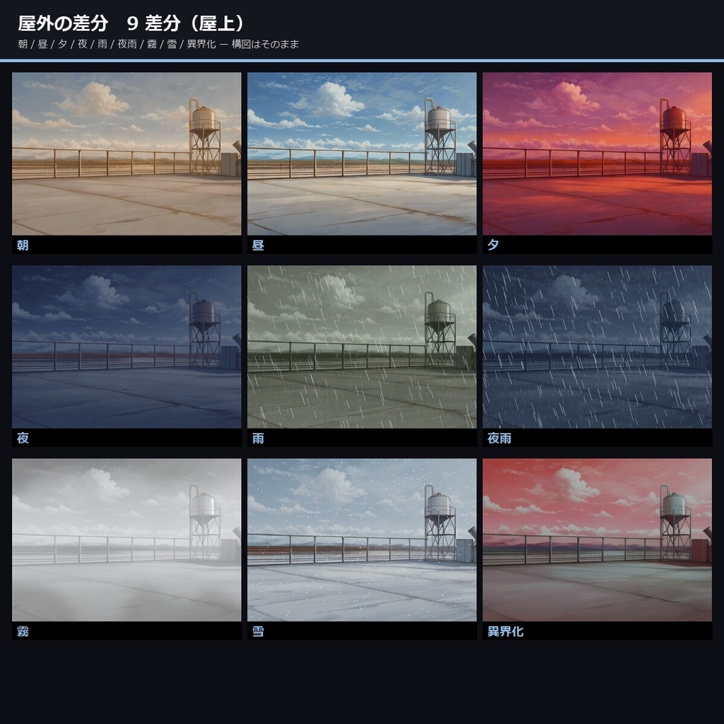 【ノベルゲーム背景】日本高校生の日常 背景素材集 アニメ版 50シーン×9差分 450枚【VN・商用利用可・AI生成】