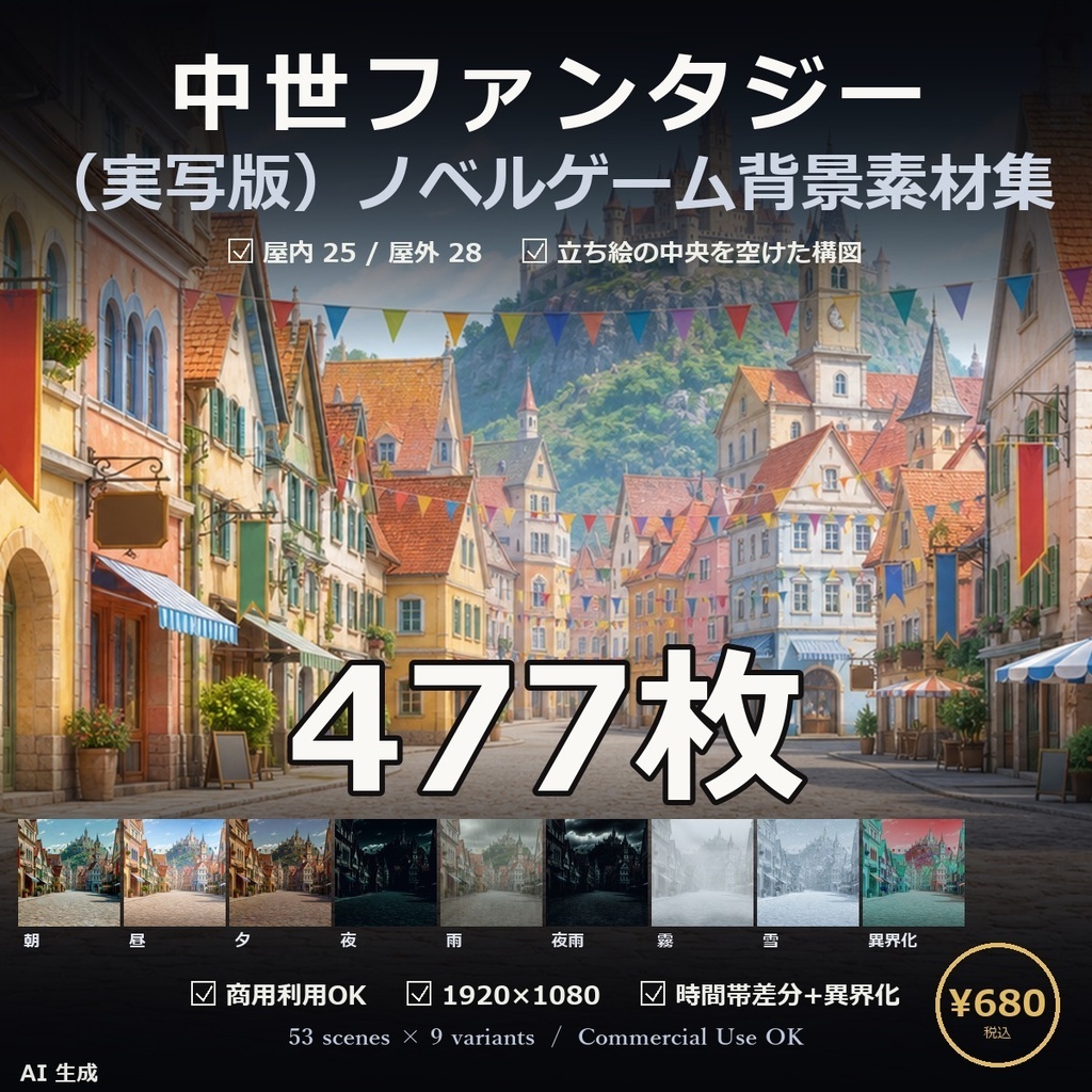 【ノベルゲーム背景】中世ファンタジー 背景素材集 実写調版 53シーン×9差分 477枚【1920×1080・商用利用可・AI生成】