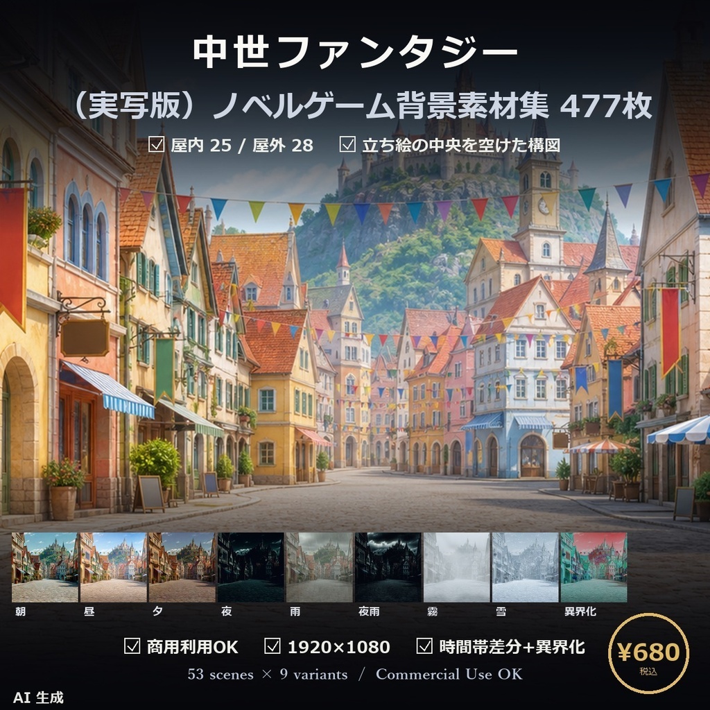 【ノベルゲーム背景】中世ファンタジー 背景素材集 実写調版 53シーン×9差分 477枚【1920×1080・商用利用可・AI生成】