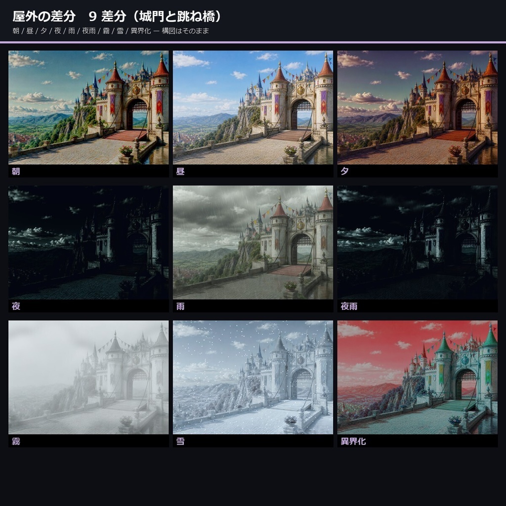 【ノベルゲーム背景】中世ファンタジー 背景素材集 実写調版 53シーン×9差分 477枚【1920×1080・商用利用可・AI生成】